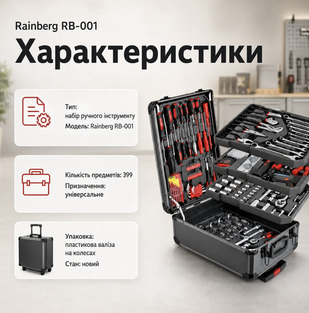 Набір ручного інструменту Rainberg RB-001 399 предметів Ключі головки біти викрутки плоскогубці молоток рулетка тестер Комплект у валізі на колесах - зображення 3