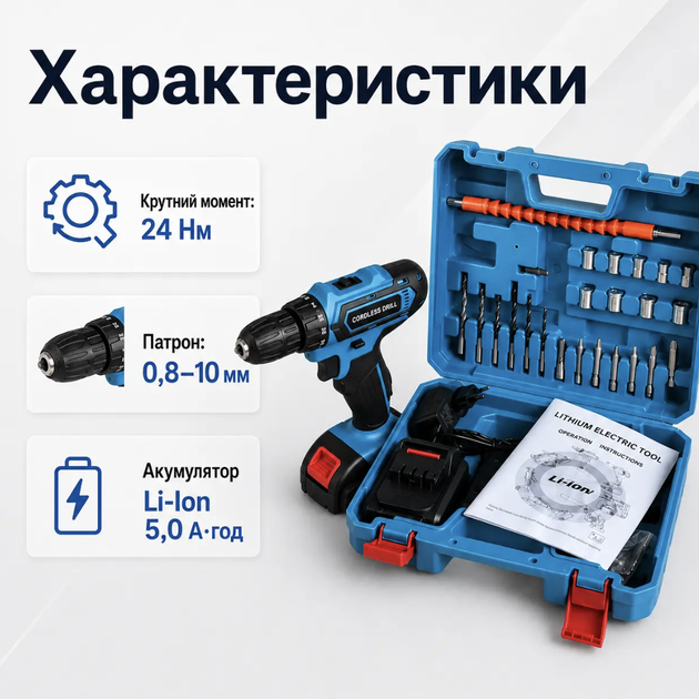 Аккумуляторная дрель-шуруповерт MAKITA 24 В 5 А·ч 24 Нм 3500 об/мин с LED Быстрозажимной патрон Набор инструментов бит сверл головок в кейсе - Фото 2 Аккумуляторная дрель-шуруповерт MAKITA 24 В 5 А·ч 24 Нм 3500 об/мин с LED Быстрозажимной патрон Набор инструментов бит сверл головок в кейсе - изображение 2
