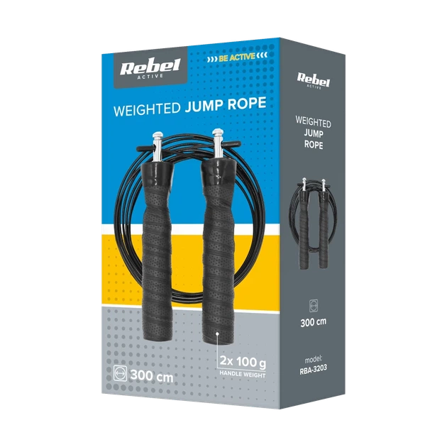 Скакалка боксерская REBEL ACTIVE с резиновой рукояткой 2x100g с металлическим подшипником 300см регулируемая (RBA-3203) - Фото 4 Скакалка боксерская REBEL ACTIVE с резиновой рукояткой 2x100g с металлическим подшипником 300см регулируемая (RBA-3203) - изображение 4
