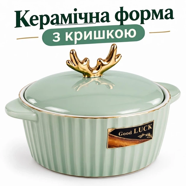 Керамічна форма для запікання 15×10 см з кришкою та ручками, кругла ємність для приготування і подачі пирогів, овочів, рагу (43761) - Фото 1 Керамічна форма для запікання 15×10 см з кришкою та ручками, кругла ємність для приготування і подачі пирогів, овочів, рагу (43761) - зображення 1