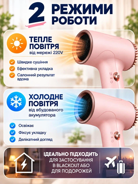 Портативный фен для волос 500 Вт, аккумуляторный USB мини-фен для сушки и укладки, холодный воздух работает от аккумулятора, теплый режим от сети 220 В, для поездок и командировок Розовый - изображение 2
