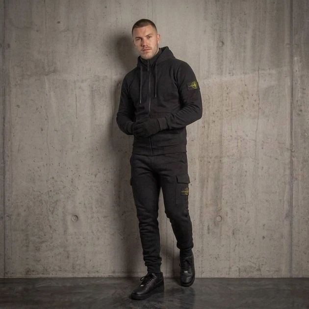 Утеплений чоловічий спортивний набір (спортивний костюм + жилетка + кепка) 2XL Чорний (YTB-7U) - изображение 6