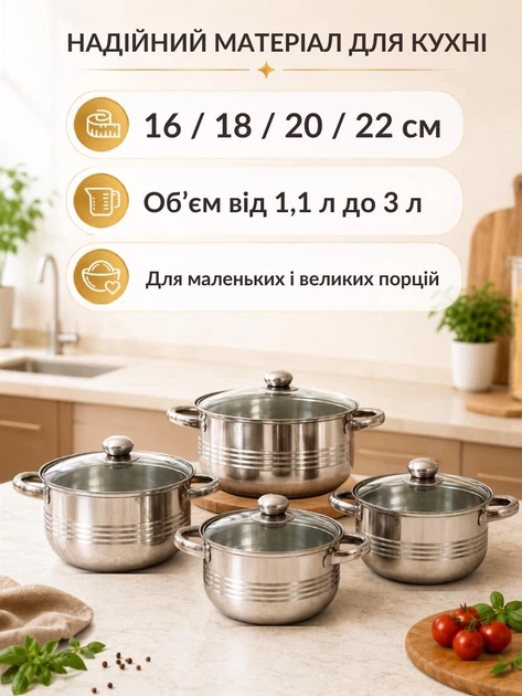 Набор кастрюль из нержавеющей стали 8 предметов 16/18/20/22 см со стеклянными крышками для всех типов плит (49675918) - изображение 8