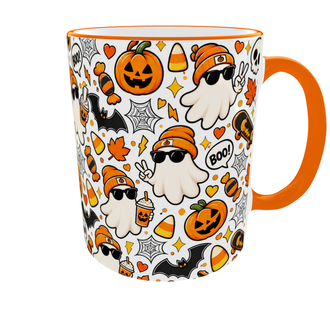 Кружка (чашка) с принтом Halloween Boo | Хэллоуин | керамическая 330 мл | оранжевая ручка - изображение 2