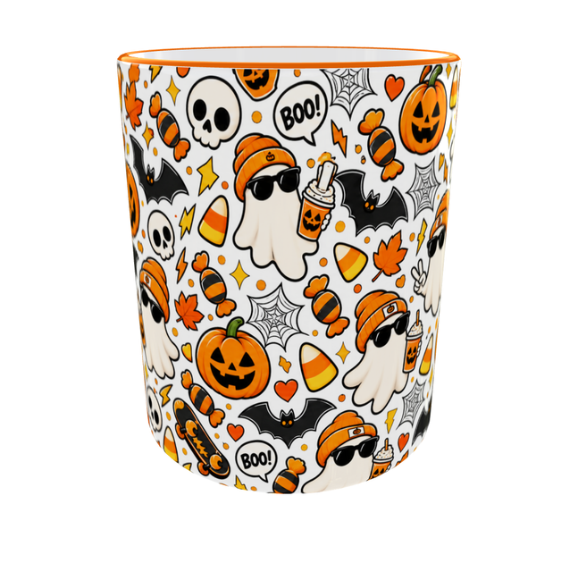 Кружка (чашка) с принтом Halloween Boo | Хэллоуин | керамическая 330 мл | оранжевая ручка - изображение 3