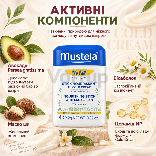 Бальзам-стик MUSTELA Hydra-Stick Cold Cream 9,2 г для сухой кожи, увлажняющий уход с маслом ши и авокадо - изображение 4