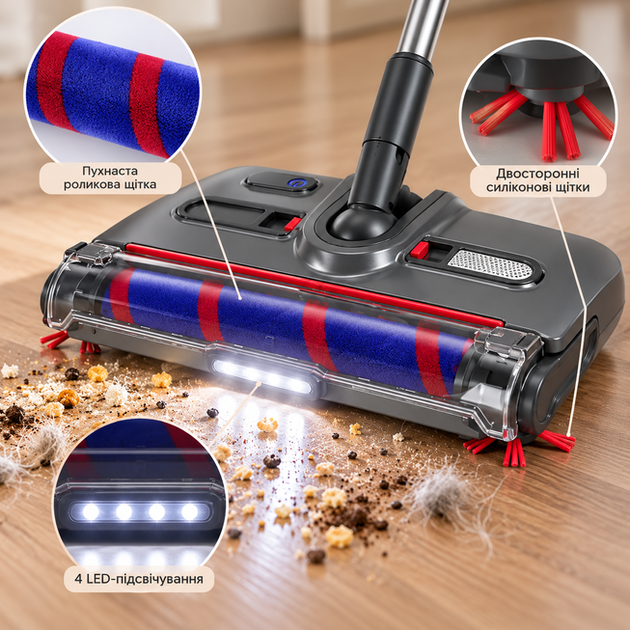 Акумуляторний електровіник Cordless 15 Вт бездротовий віник 2500 мА·год електрична щітка для підлоги до 65 хв електровіник з контейнером 300 мл 4 LED для прибирання пилу крихт волосся шерсті - зображення 10