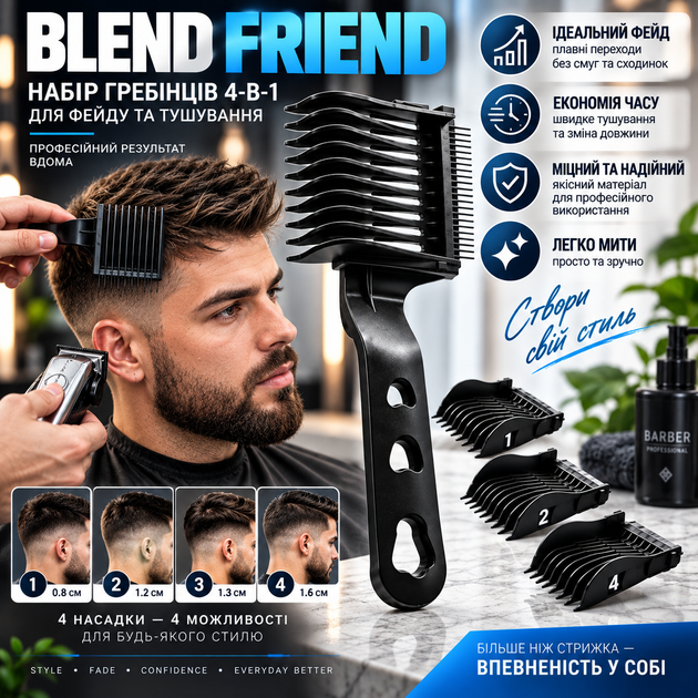 Профессиональный набор гребешков 4-в-1 Blend Friend для фейда и тушения волос (черный). Съемная парикмахерская расческа-насадка - изображение 8