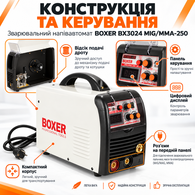 Зварювальний напівавтомат BOXER BX3024 MIG/MMA 250А інверторний з цифровим дисплеєм - зображення 5