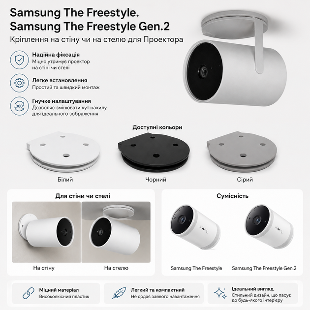 Кріплення для проектора Samsung The Freestyle та Samsung The Freestyle Gen.2 на стіну або стелю Білий - Фото 2 Кріплення для проектора Samsung The Freestyle та Samsung The Freestyle Gen.2 на стіну або стелю Білий - изображение 2