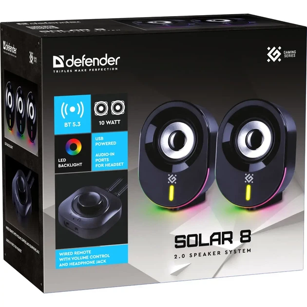 Акустика DEFENDER 2.0 Solar 8 10Вт Bluetooth підсвітка USB чорні - Фото 7 Акустика DEFENDER 2.0 Solar 8 10Вт Bluetooth підсвітка USB чорні - изображение 7