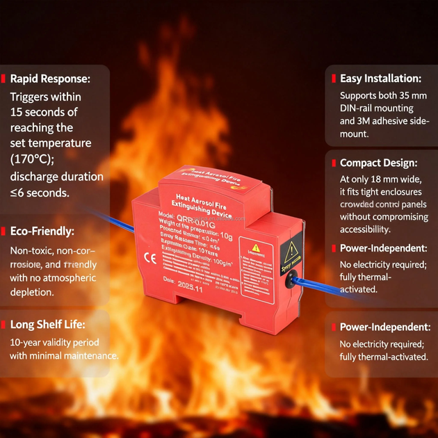 Вогнегасник аерозольний на DIN-рейку QRR0.1G (0.4 м³) — захист електрощитка від пожежі - Фото 2 Вогнегасник аерозольний на DIN-рейку QRR0.1G (0.4 м³) — захист електрощитка від пожежі - зображення 2