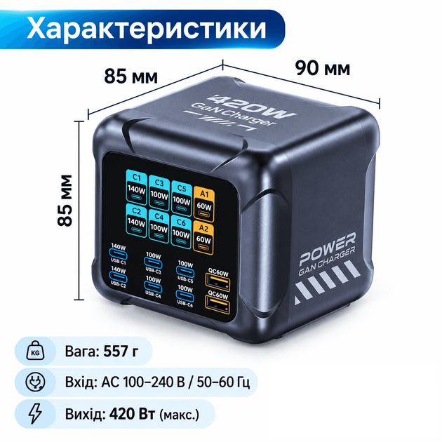 Зарядка с дисплеем BK-126D 420W, GaN, PD3.1 140W для телефонов, ноутбуков, 8 портов USB+Type-C, настольная - изображение 2