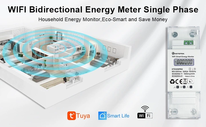 Лічильник електроенергії KETOTEK WiFi Tuya 5(65)A 90-250V однофазний двонаправлений на DIN-рейку - зображення 10