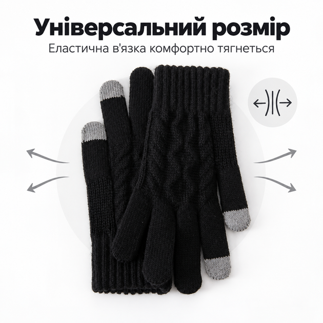 Женские зимние шерстяные перчатки с начесом и сенсорными пальцами для экрана, черные KT9002844 - изображение 5