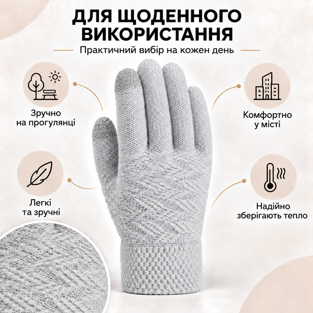 Рукавички жіночі зимові в'язані з начосом, 2 сенсорні пальці для екрана, one size сірі KT9002911 - зображення 5
