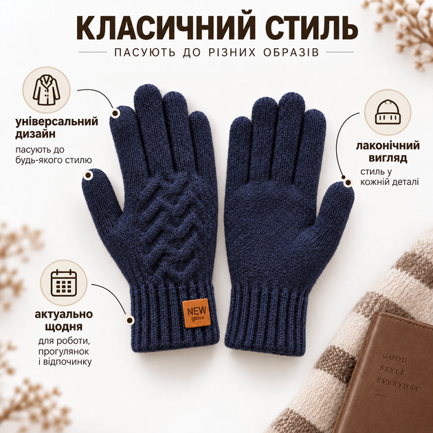 Перчатки мужские зимние вязаные с начесом, сенсорные пальцы для экрана, one size синие KT9002862 - изображение 7