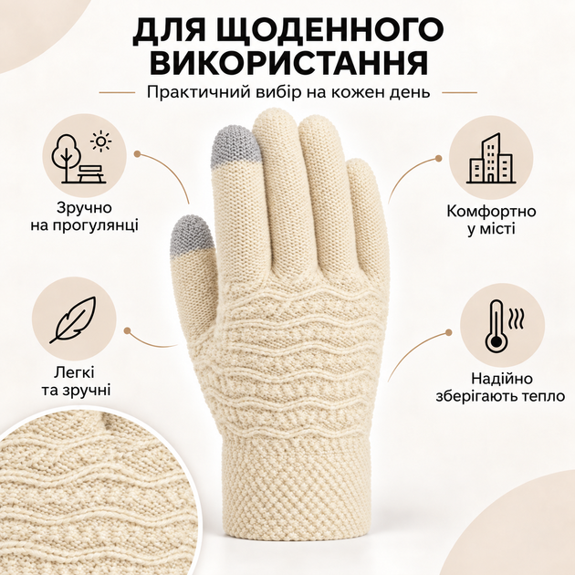 Женские зимние вязаные перчатки с начесом, 2 сенсорными пальцами для экрана, one size, бежевые KT9002903 - изображение 5