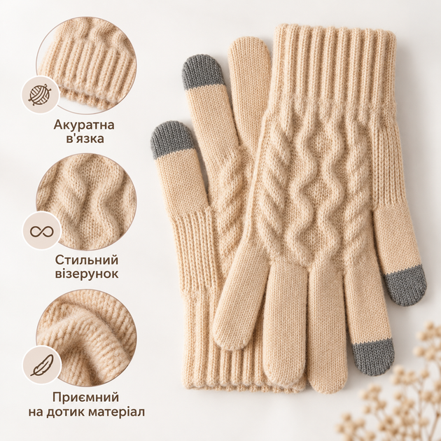 Перчатки женские зимние шерстяные с начесом, сенсорные пальцы для экрана, бежевые KT9002845 - изображение 3