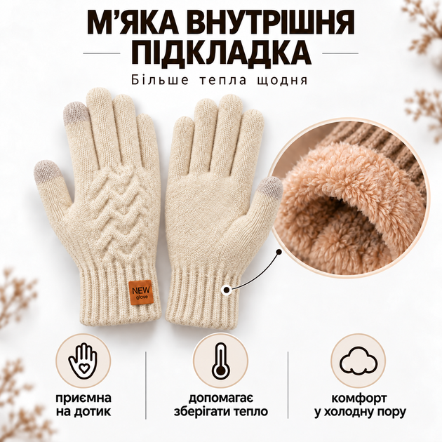 Перчатки мужские зимние вязаные с начесом, сенсорные пальцы для экрана, one size бежевые KT9002865 - изображение 4