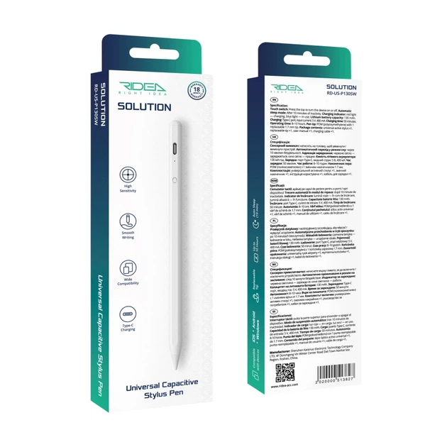 Універсальний сенсорний стилус Ridea Solution Universal Capacitive Stylus Pen, 1.7 мм, Type-C, 8–10 годин автономної роботи, для iPhone, iPad, Android та Windows White - Фото 2 Універсальний сенсорний стилус Ridea Solution Universal Capacitive Stylus Pen, 1.7 мм, Type-C, 8–10 годин автономної роботи, для iPhone, iPad, Android та Windows White - изображение 2