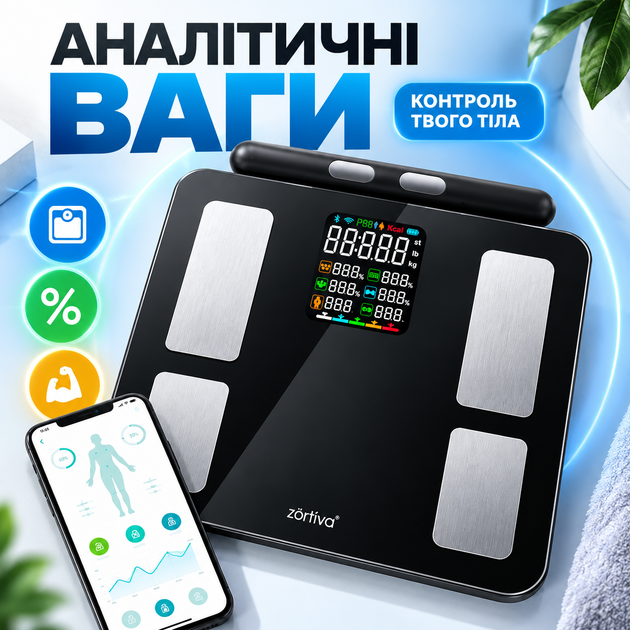 Ваги підлогові Zortiva Iso Trade 26893 до 180 кг BMI Електронні аналітичні Смарт-ваги - Фото 1 Ваги підлогові Zortiva Iso Trade 26893 до 180 кг BMI Електронні аналітичні Смарт-ваги - зображення 1