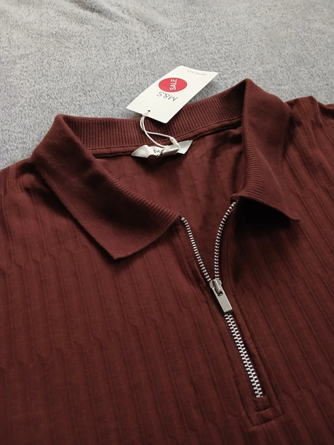Мужская футболка поло (M&S) на молнии фактурная коричневая р. 3XL - изображение 3