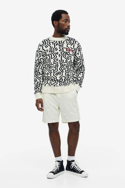 Джемпер бавовняний в'язаний для чоловіка H&M Keith Haring 1136201-001 M чорно-білий - Фото 4 Джемпер бавовняний в'язаний для чоловіка H&M Keith Haring 1136201-001 M чорно-білий - зображення 4