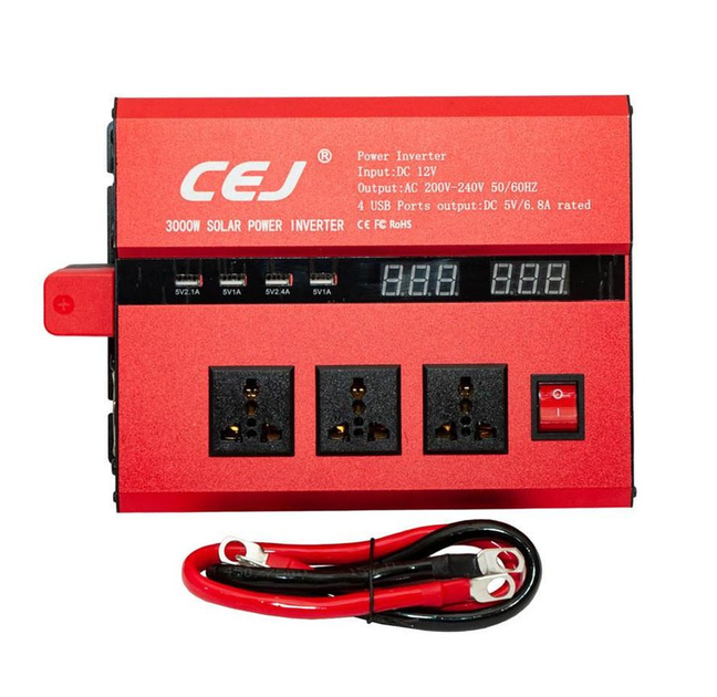 Автомобільний інвертор Power Invertor 3000 Вт перетворювач напруги 12 В DC 220 В AC модифікована синусоїда 50/60 Гц з кабелями для акумулятора захистом від перегріву та низької напруги червоний - зображення 2