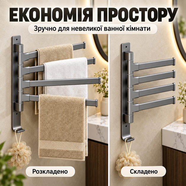 Настінний поворотний тримач для рушників на 4 перекладини 180°, алюмінієва вішалка 31,5×30 см, сріблясто-сіра - изображение 2