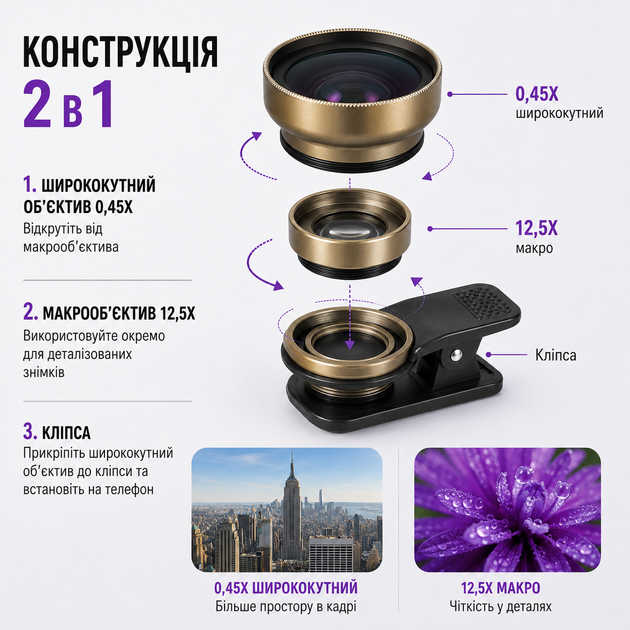 Макро лінза для телефону 2 в 1 із ширококутною Pavlysh (4ST1-0.45WM2) - Фото 4 Макро лінза для телефону 2 в 1 із ширококутною Pavlysh (4ST1-0.45WM2) - зображення 4