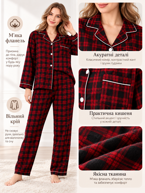 Жіноча піжама фланелева Plus Size тепла у клітинку великих розмірів сорочка на гудзиках штани домашній комплект для сну відпочинку з довгим рукавом червоно-чорна 2XL - Фото 3 Жіноча піжама фланелева Plus Size тепла у клітинку великих розмірів сорочка на гудзиках штани домашній комплект для сну відпочинку з довгим рукавом червоно-чорна 2XL - зображення 3