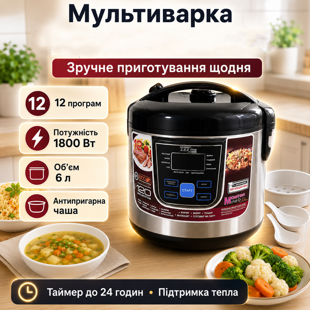 Мультиварка 6 л 1800 Вт на 12 программ Электрическая мультиварка пароварка с антипригарной чашей таймером и отложенным стартом - изображение 12