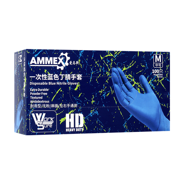 Одноразові нітрилові рукавички AMMEX, потовщені та міцні, стійкі до олій та кислот, лугів, для лабораторного та промислового прибирання, 100 штук/коробка, сині APFNCHD, середнього розміру - изображение 4