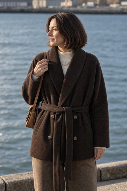 Пальто жіноче кашемірове вільного крою з шалевим коміром Seventeen PreFall 26 шоколадне S-M 2460.6901 - Фото 2 Пальто жіноче кашемірове вільного крою з шалевим коміром Seventeen PreFall 26 шоколадне S-M 2460.6901 - зображення 2