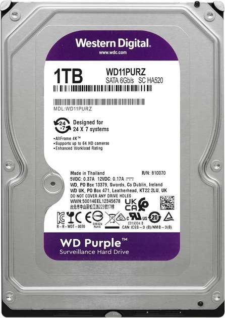 Жорсткий диск WD 1TB 3.5" 5400 64MB SATA Purple Surveillance - зображення 2