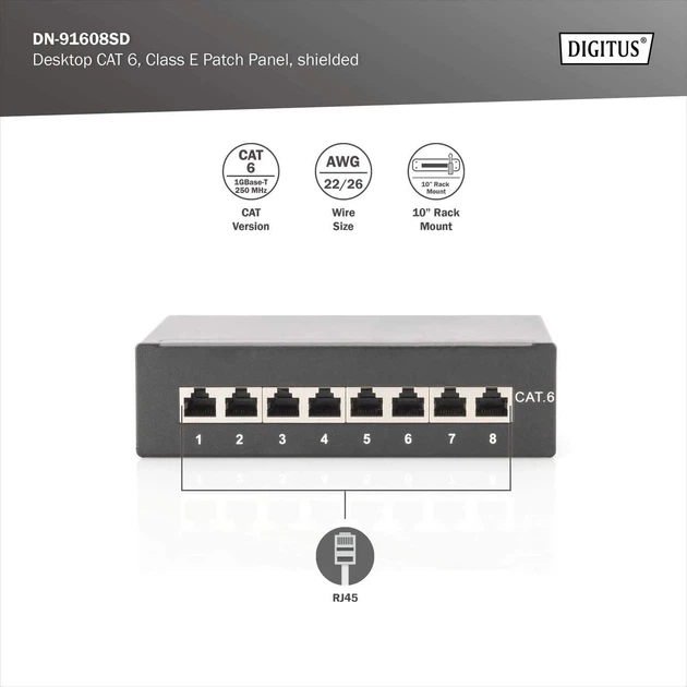 Патч-панель DIGITUS САТ 6 STP, настольная, 8 портов, собранная - изображение 2