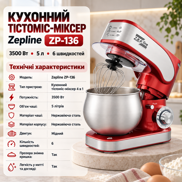 Професійний тістоміс Zepline ZP-136 6 літрів Міксер для густого тіста 3500W Багатофункціональний кухонний комбайн - зображення 4