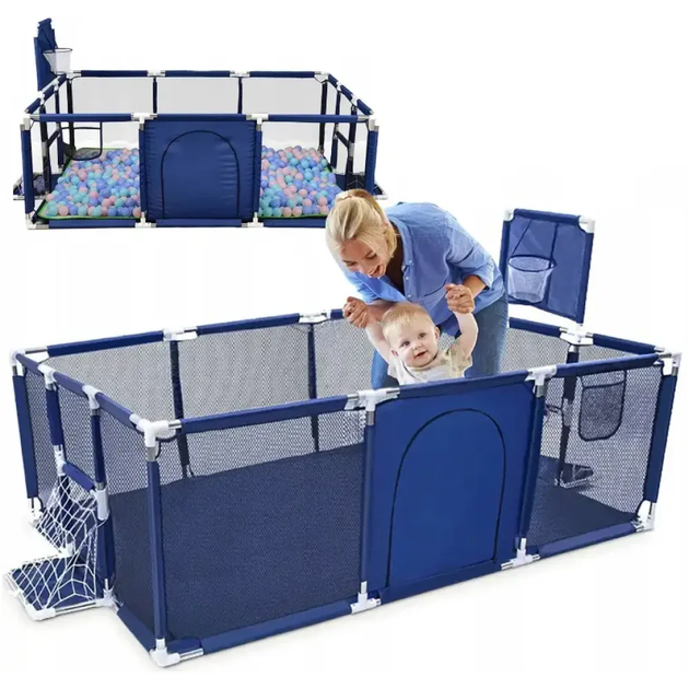 Детский игровой манеж NX-21 180×120 см с сетчатыми стенками и металлическим каркасом, синий - изображение 4
