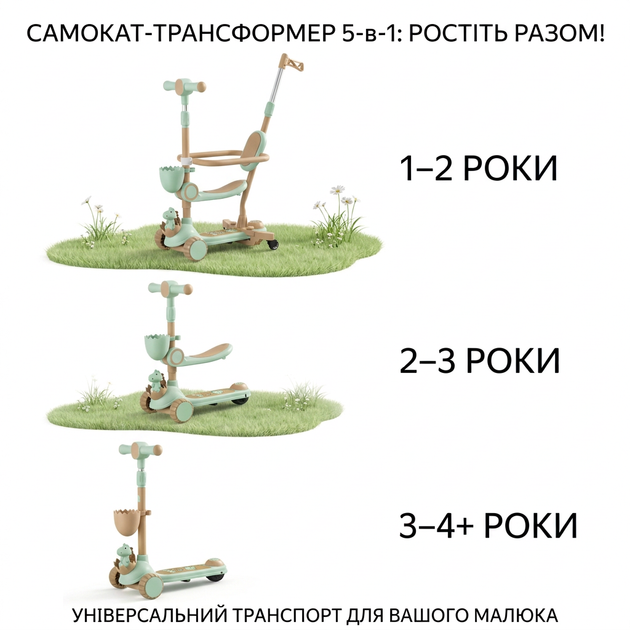 Дитячий самокат трансформер 5в1 із сидінням, бортиком, батьківською ручкою та додатковими колесами Scooter Dino 9844 Mint - зображення 8
