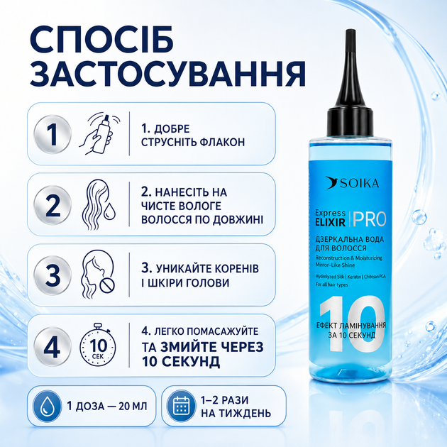 Экспресс эликсир для волос SOIKA Express Elixir PRO Зеркальная вода реконструкция и увлажнение объем 200 мл - Фото 4 Экспресс эликсир для волос SOIKA Express Elixir PRO Зеркальная вода реконструкция и увлажнение объем 200 мл - изображение 4
