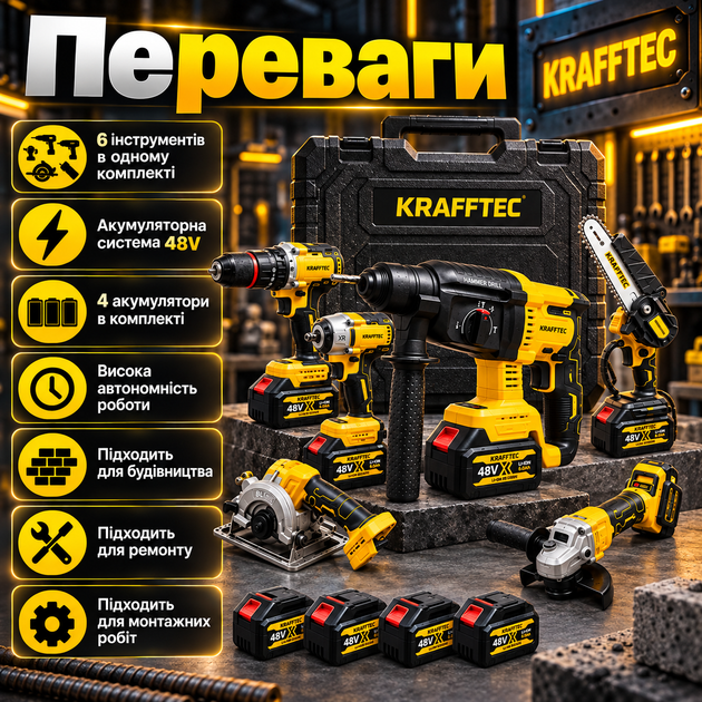 Набор аккумуляторных инструментов Krafftec Germany 6в1 48V 4 АКБ 6.0Ah шуруповерт перфоратор гайковерт болгарка циркулярная цепная пила в кейсе - изображение 2
