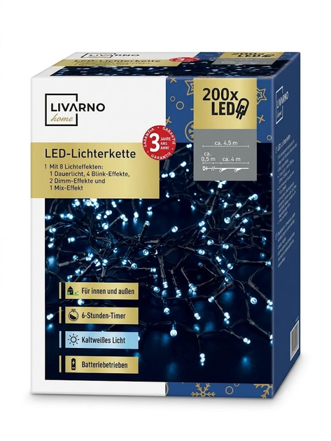 Гірлянда світлодіодна LIVARNO HOME, 200 LED, холодне біле світло, 4,5 м, 8 режимів, таймер, IP44 - Фото 1 Гірлянда світлодіодна LIVARNO HOME, 200 LED, холодне біле світло, 4,5 м, 8 режимів, таймер, IP44 - зображення 1