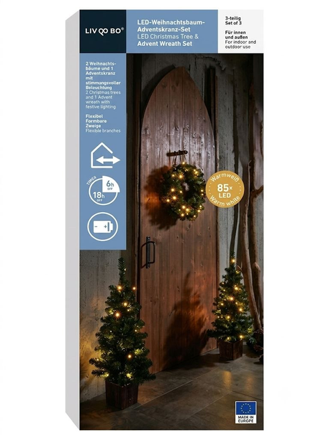 Комплект новогоднего LED декора LIVARNO home (2 мини-елки и венок) с таймером, 85 LED, теплый белый свет - Фото 3 Комплект новогоднего LED декора LIVARNO home (2 мини-елки и венок) с таймером, 85 LED, теплый белый свет - изображение 3