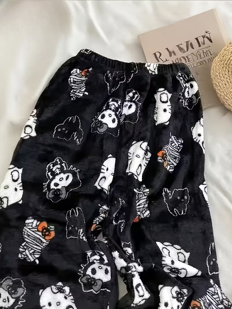 Штаны плюшевые пижамные черного цвета Hello Kitty Helloween, теплые домашние штаны Хеллоу Китти Хеллоуин, L-XL - Фото 7 Штаны плюшевые пижамные черного цвета Hello Kitty Helloween, теплые домашние штаны Хеллоу Китти Хеллоуин, L-XL - изображение 7
