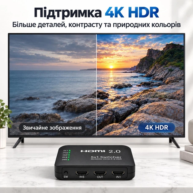 HDMI свитч 5x1 Schöff 4K 60 Hz с пультом ДУ (ST-SH038) - Фото 4 HDMI свитч 5x1 Schöff 4K 60 Hz с пультом ДУ (ST-SH038) - изображение 4