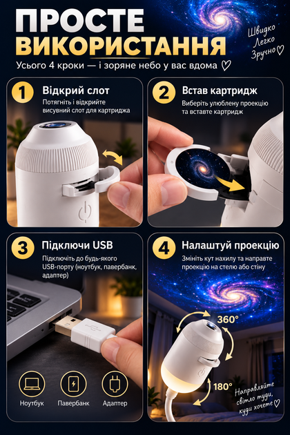 Проектор-ночник USB Galaxy Projector UKC G303 12в1 с 12 тематическими слайдами, белый - изображение 5