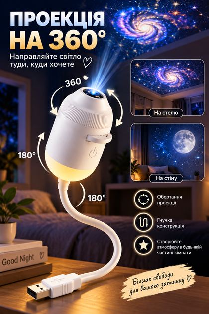 Проектор-ночник USB Galaxy Projector UKC G303 12в1 с 12 тематическими слайдами, белый - изображение 3