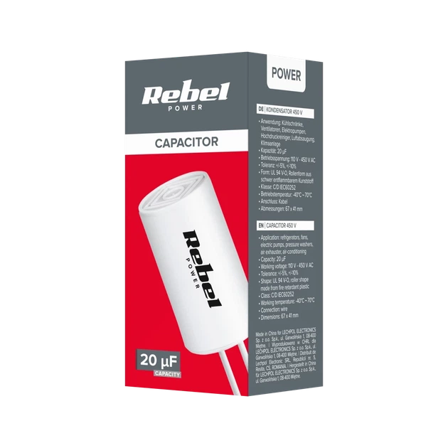 Конденсатор Rebel 20uF 450V для однофазных двигателей (URZ3133) - Фото 3 Конденсатор Rebel 20uF 450V для однофазных двигателей (URZ3133) - изображение 3