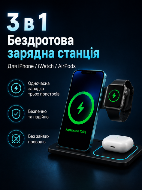 Беспроводная зарядная станция 3 в 1 15 W для iPhone, Apple Watch и AirPods черная (49675896) - изображение 2